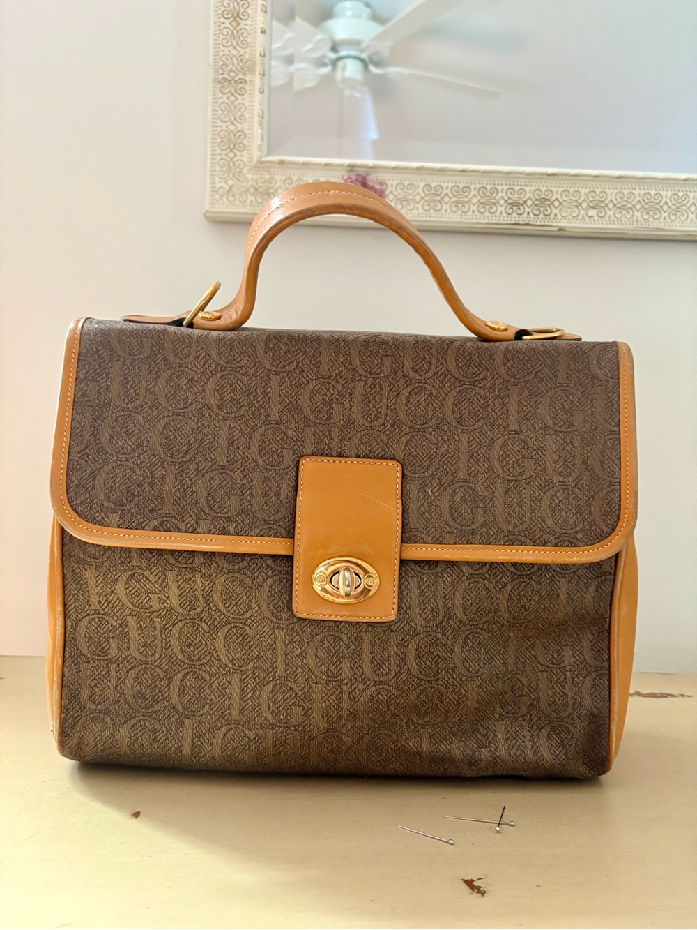 Gucci Brown Monogram Top-Handle Satchel with Tan Leather Trim